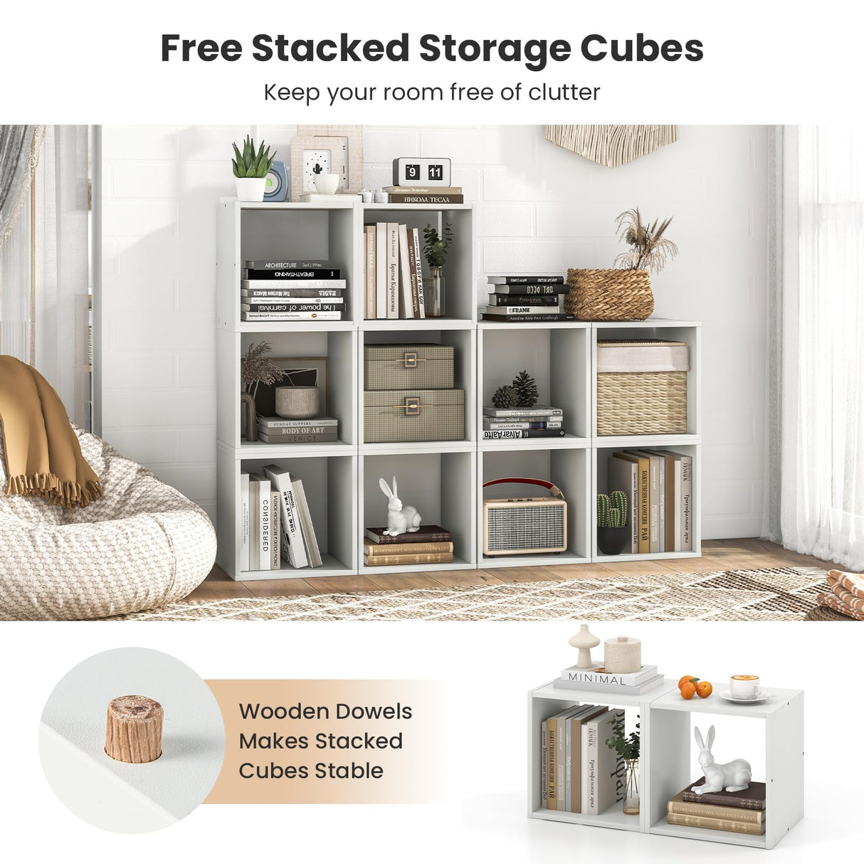 Giantex 2-Tier White Cube Bookshelf Organizer with Stable Stacking Design Giantex