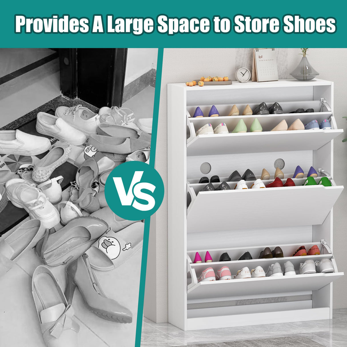 Shoe Storage Cabinet for Entryway with 3 Flip Drawers, Sturdy Wood Hidden Shoe Storage, Freestanding Narrow Slim Shoe Organizer for Front Door Entrance, Living Room, Hallway, Bedroom, White Xixini