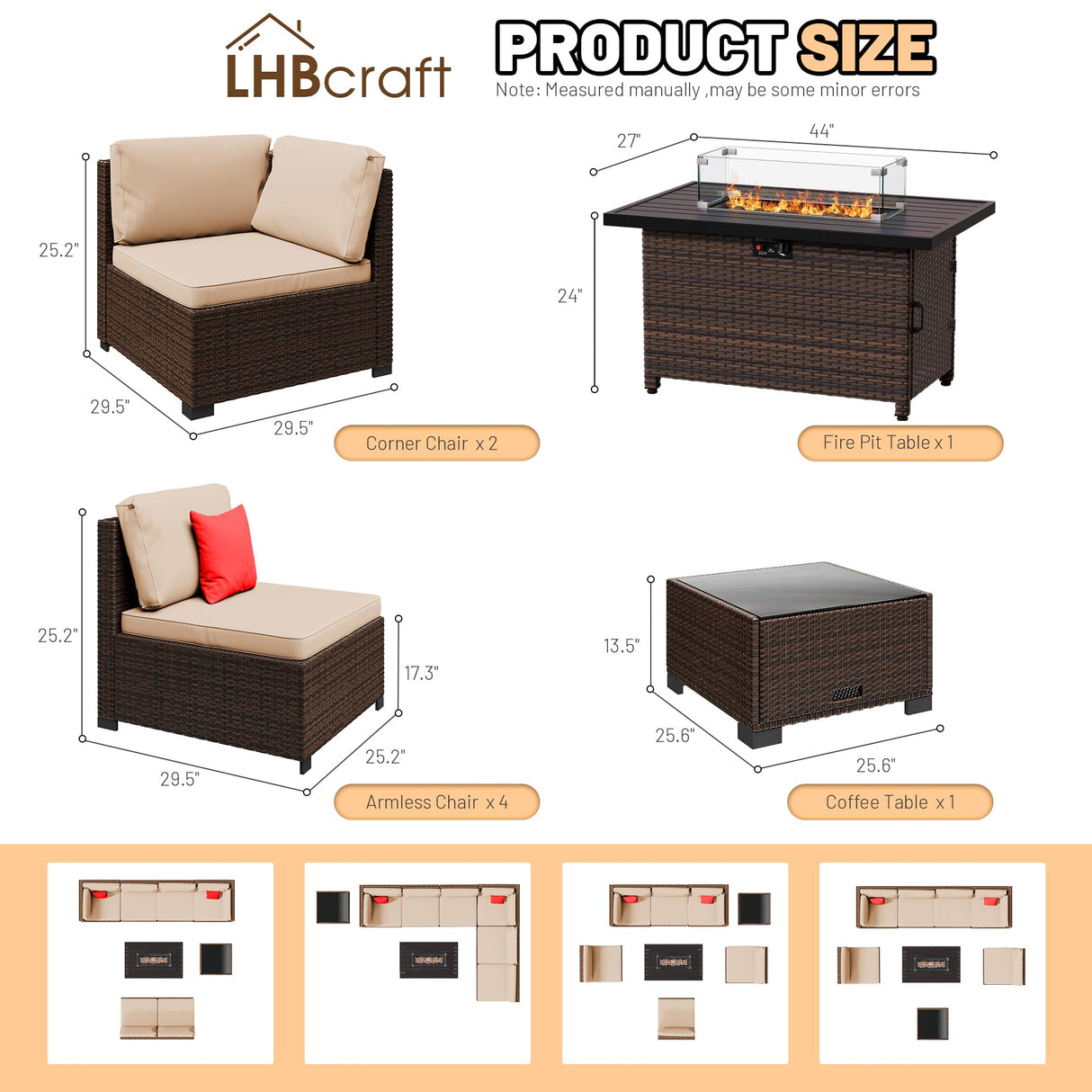 LHBcraft 8-Piece Outdoor Patio Furniture Set, Wicker Rattan Sectional Conversation Set with 50,000 BTU Propane Fire Pit Table for Garden and Patio,Brown LHBcraft