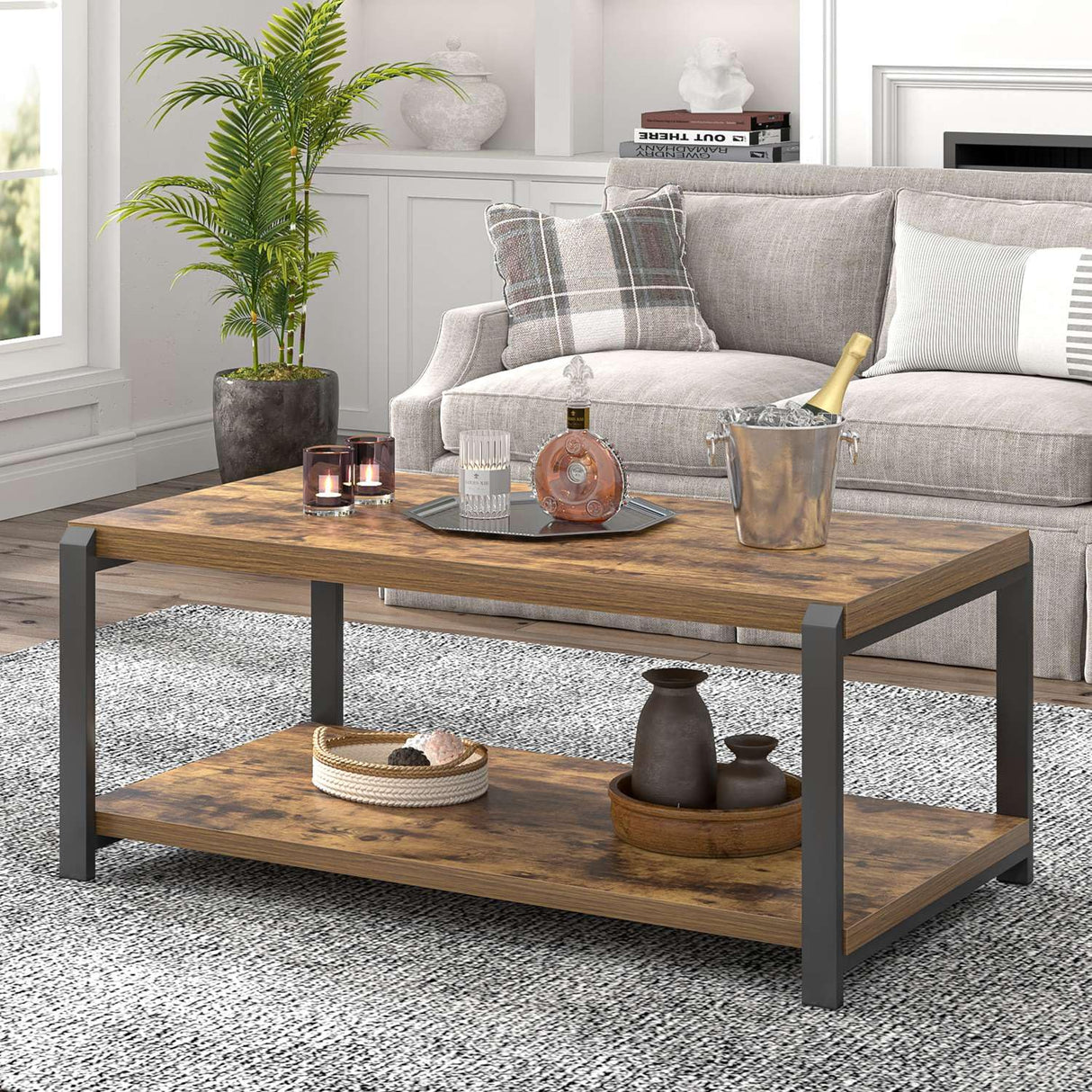 EXCEFUR Modern Coffee Table, Industrial Wood and Metal Center Table, Cocktail Tea Tables for Living Room, Rustic Brown EXCEFUR