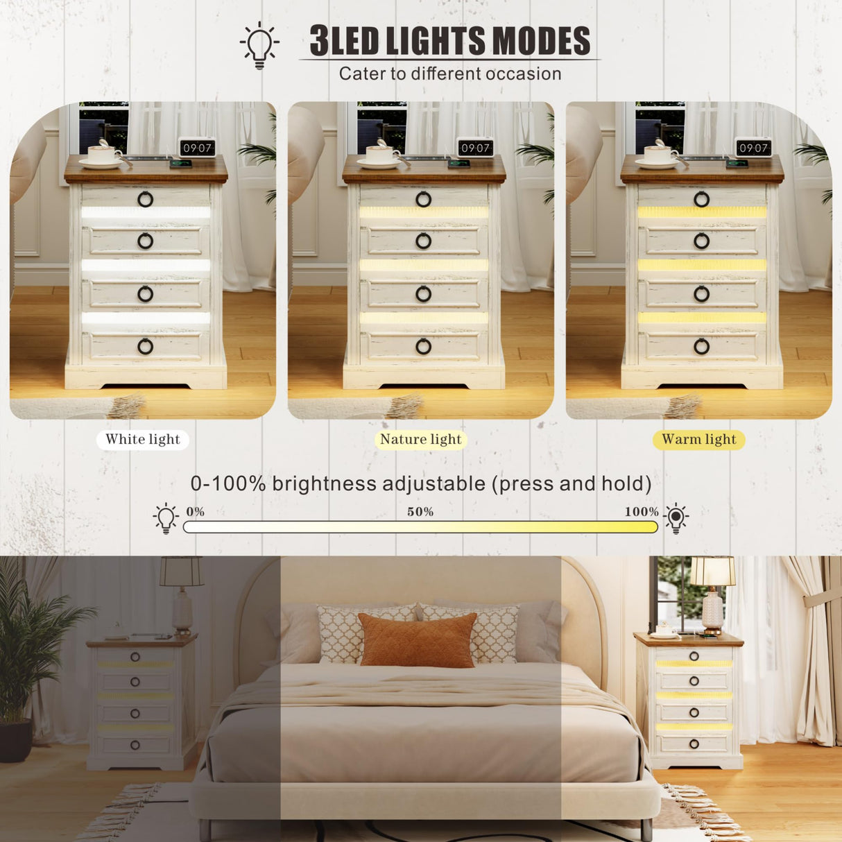 FREDEES Farmhouse Night Stand with Charging Station, Bedside Table with LED Light & Gun Drawer, Nightstands for Bedroom Living Room, End Table Antique White FREDEES