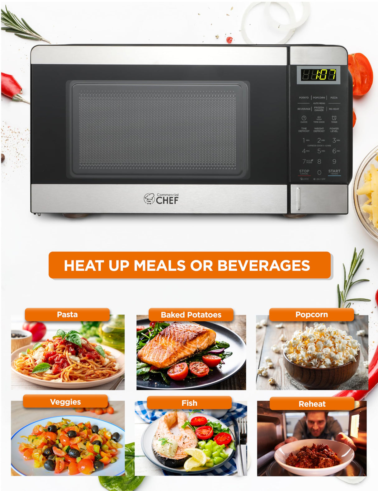 COMMERCIAL CHEF 0.7 Cubic Foot Microwave with 10 Power Levels, Small Microwave with Push Button, 700W Countertop Microwave up to 99 Minute Timer and Digital Display, Stainless Steel Commercial CHEF