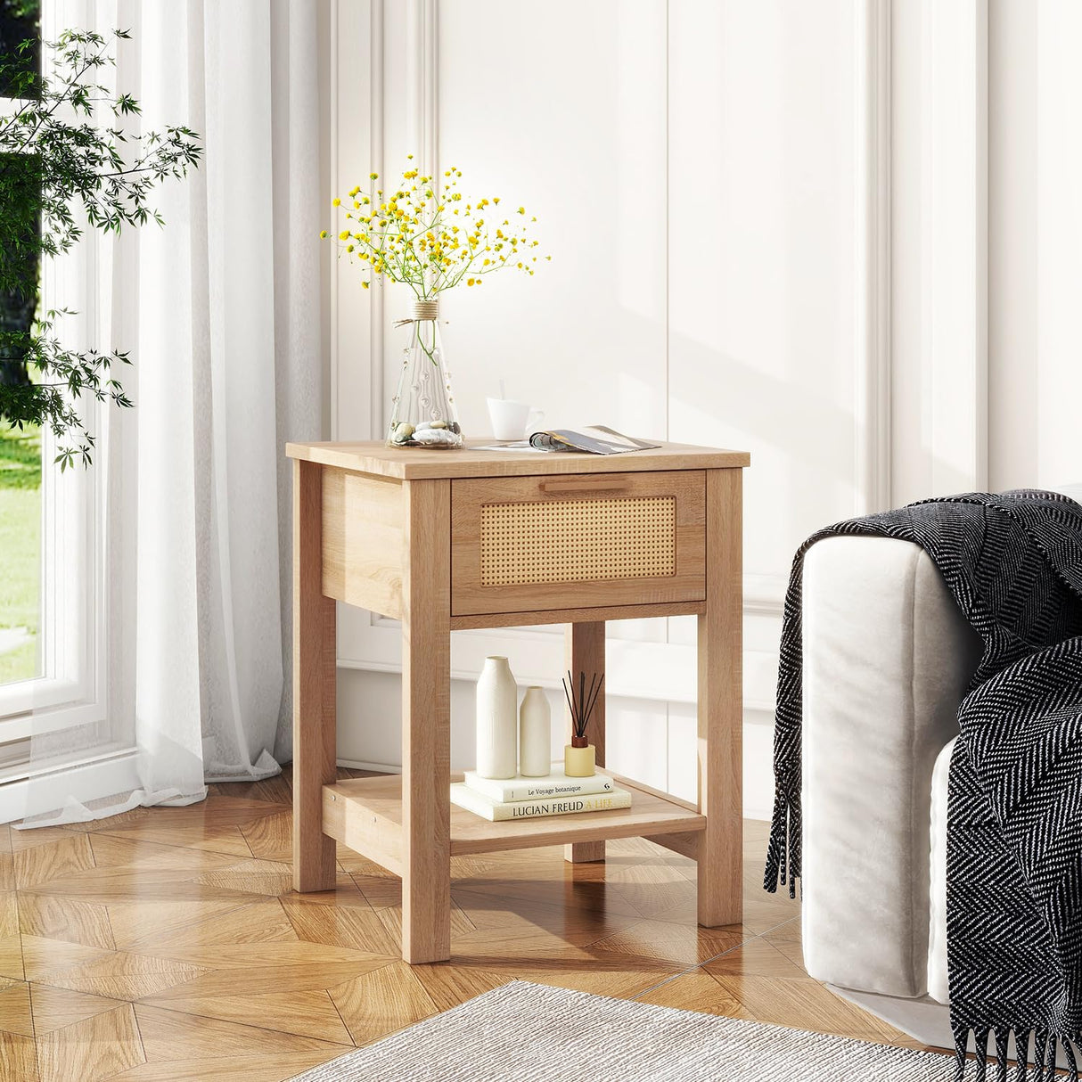 IBUYKE Rattan Nightstand Set of 2, Boho Night Stand with Drawer, Wood Bedside Tables with Storage Shelf, End Table with Legs for Bedroom, Natural UWNS011N-2 IBUYKE