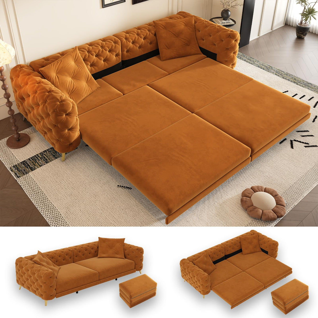 Tabaray 97.7'' Pull Out Sofa Bed King, Chesterfield Velvet Sleeper Sofa, Convertible L-Shaped Futon Couch, Tufted Back, Ottoman, Deep Seat Loveseat Couches for Living Room, Apartment, Orange Tabaray