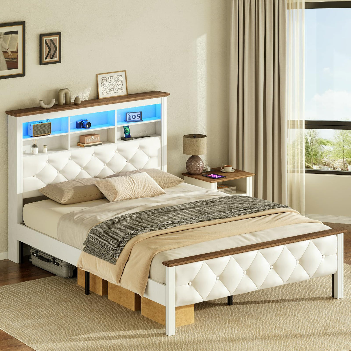 RALGEND Farmhouse Full Size Bed Frame with 51.2" Tall Storage Headboard, Upholstered Platform Bed Frame with Bookcase Headboard and LED Light, No Box Spring Needed, White and Walnut RALGEND