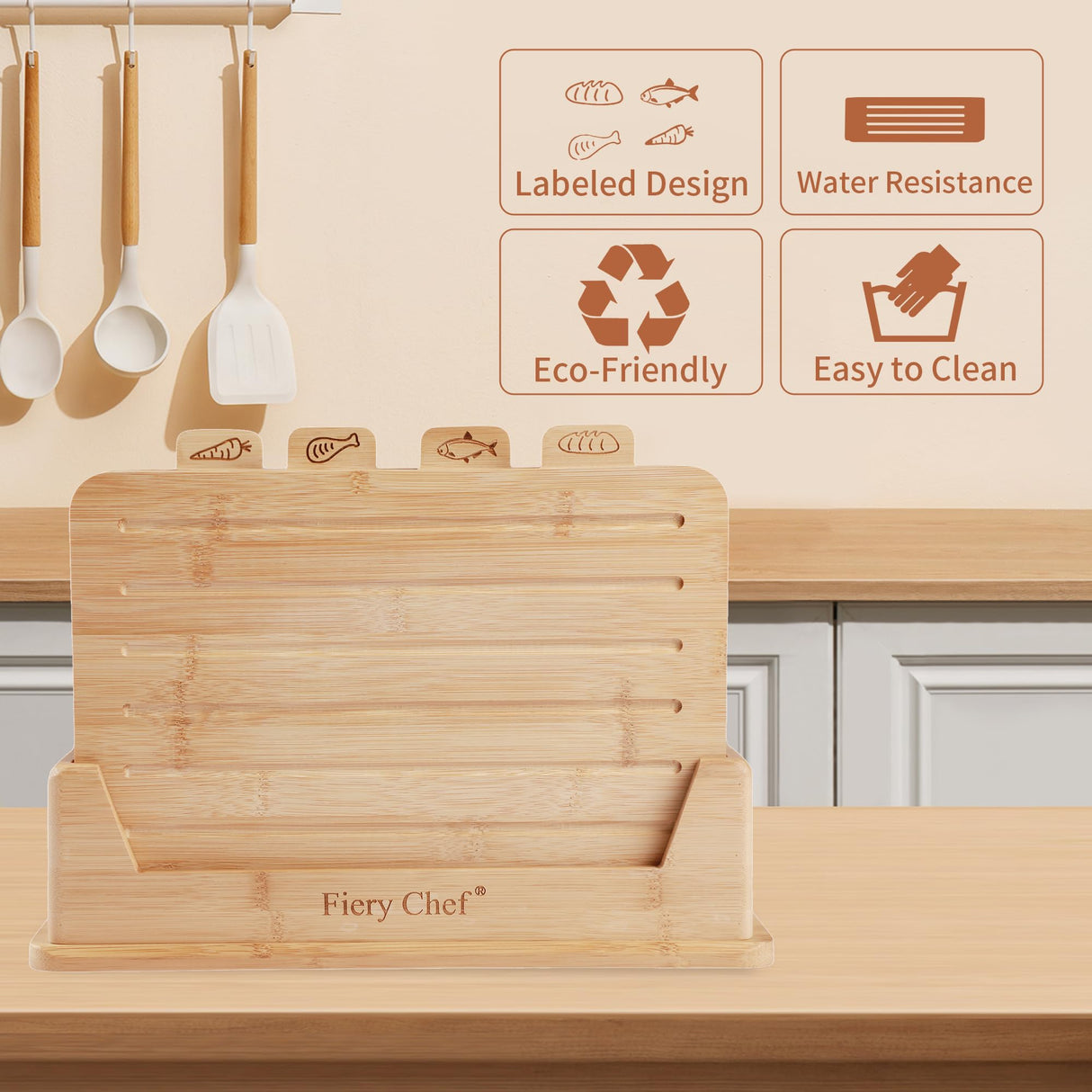 Fiery Chef Bamboo Cutting Board Set of 4 - Wood Cutting Board Set with Holder, Chopping Boards Set with Food Icons, Juice Groove - Ideal for Meat, Fish, Bread, Vegetable, Fruit Chopping Fiery Chef