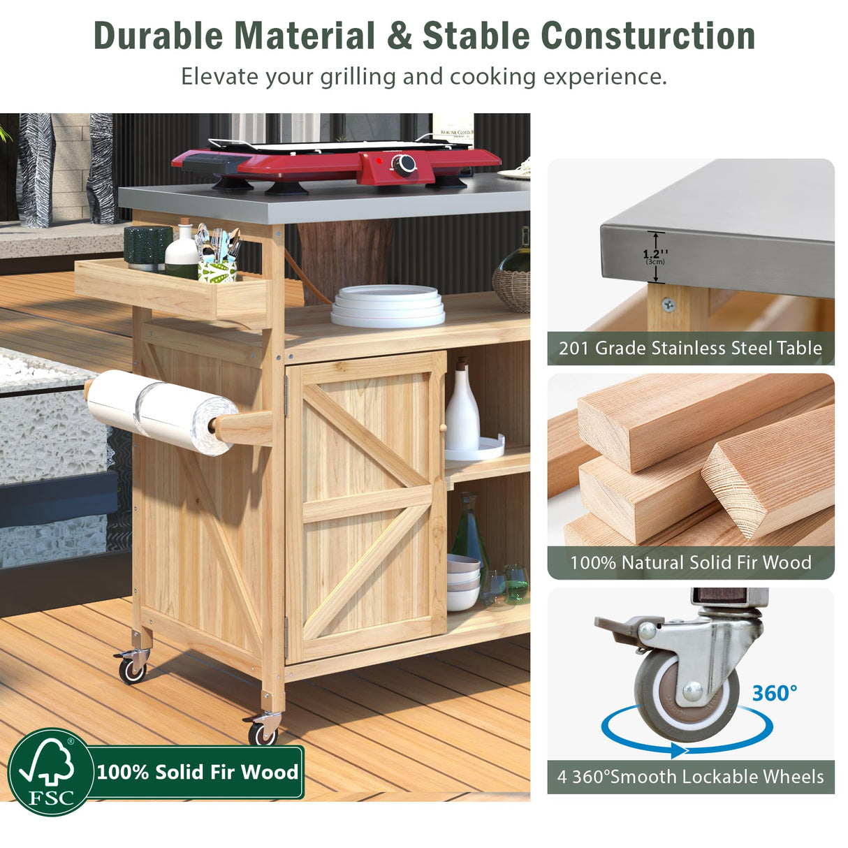 BestLM Outdoor Kitchen Island, Rolling Bar Cart with Storage Cabinet, Farmhouse Solid Wood Outdoor Grill Table with Stainless Steel Top, Spice Rack, Towel Rack for Kitchen & Barbecue, Natural BestLM