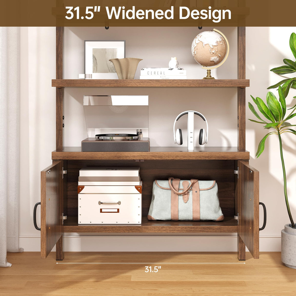 72" Tall Industrial Bookshelf Ladder with 1" Thick Wood - Faux Wood Grain Finish, 5-Tier Open Wall Mount Storage Cabinet with Rattan Doors, Rustic Brown iabifo