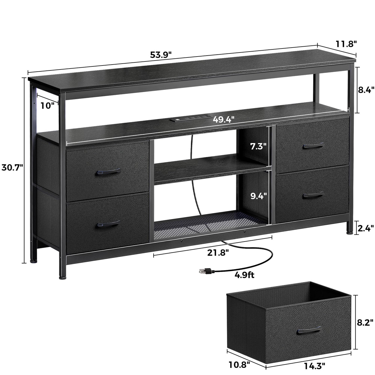 Huuger TV Stand Dresser with Power Outlets and LED Lights, 4 Drawers Entertainment Center with Shelf, 54 Inch Media Console for 55 60 Inch TV, 4 AC Outlets, 2 USBs, Dresser with PU Finish, Black Huuger