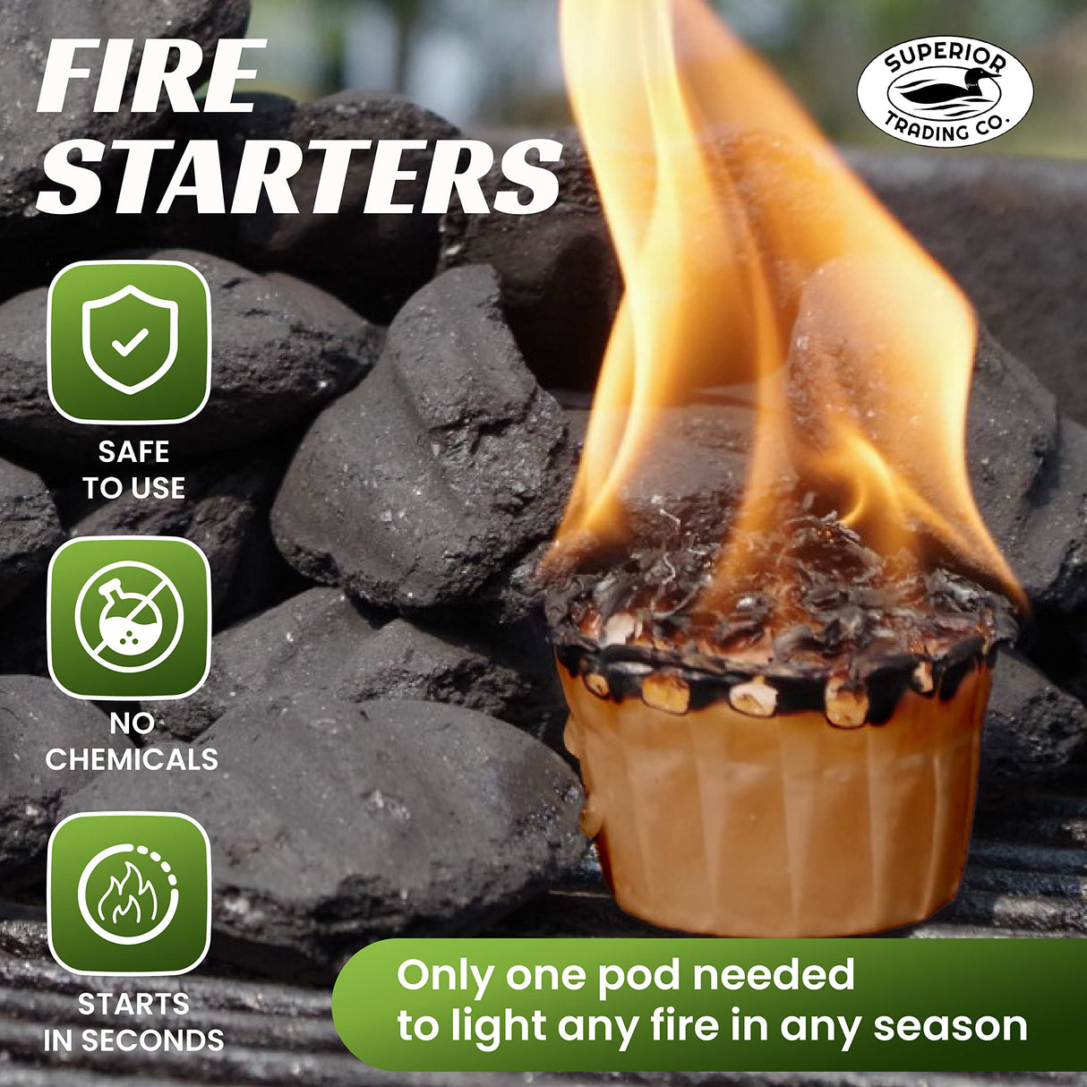Superior Trading Fire Starter Pods in Plastic Bucket - Fire Starters for Campfires, BBQ, Grill, Pit, Wood Stove & Charcoal Starter, 15-20-Min Burn, 50 Extra Large Pods, USA Made, Brown, 3 Lbs Superior Trading Co.