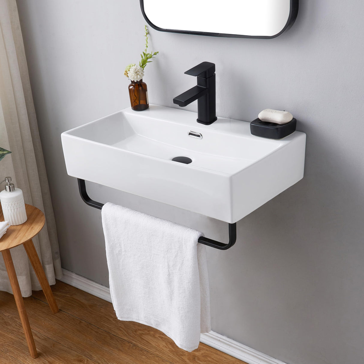 VCCUCINE 24"x14"Wall Mounted Bathroom Vessel Sink with Towel Rack,Wall Hung Porcelain Ceramic Sink,White Floating Rectangular Lavatory Vanity Small Bathroom Sink With Single Faucet Hole and Overflow VC CUCINE