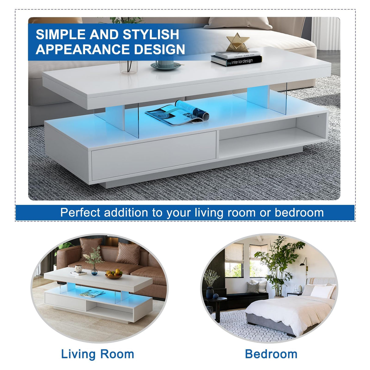 realglow LED Coffee Table with Storage, LED Coffee Tables for Living Room, High Gloss Coffee Table with LED Lights, Modern Center Table with Open Display Shelf & 2 Sliding Drawers (White) realglow