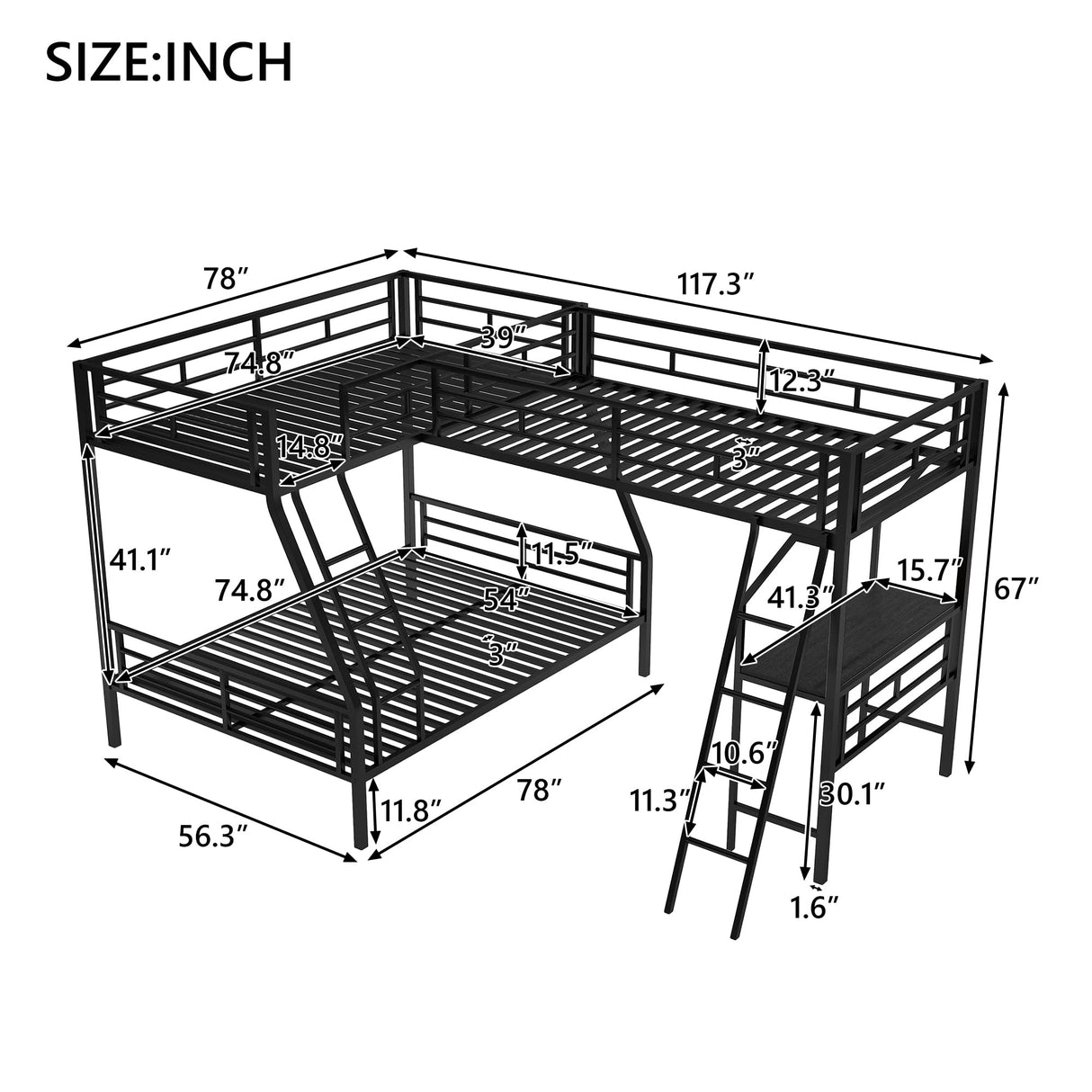 SOFTSEA L-Shaped Metal Bunk Bed with Desk for 3 Kids Twin Over Twin Over Full Triple Bunk Bed with Twin Loft Bed and Ladder, No Box Spring Needed SOFTSEA