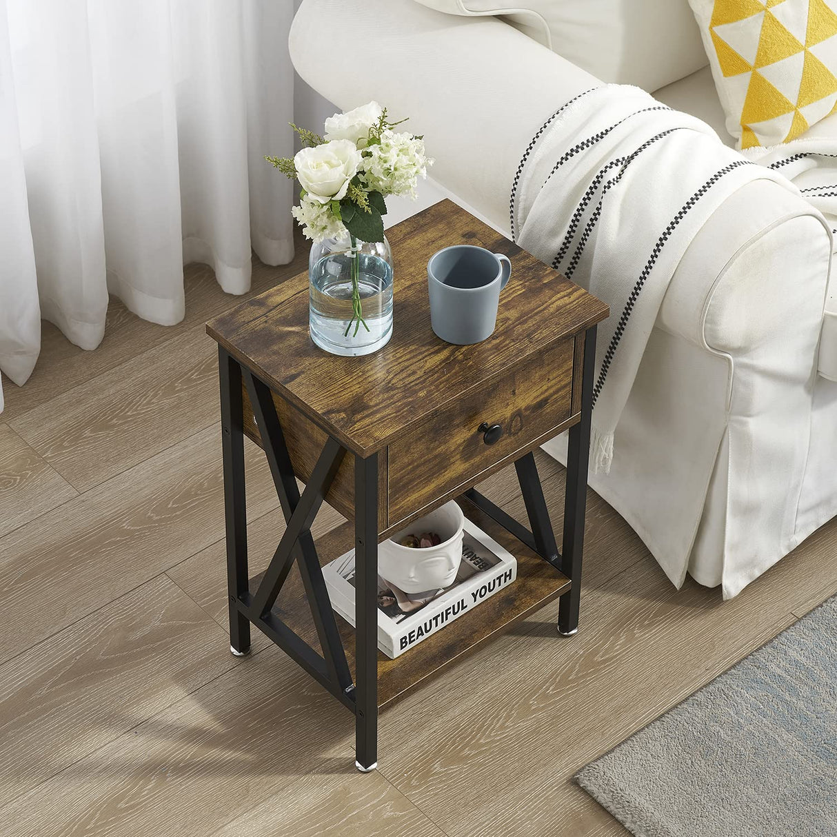 VECELO Nightstand,Modern Bedside End Table, Night Stand with Drawer and Storage Shelf for Living Room Bedroom, Industrial Metal Frame VECELO