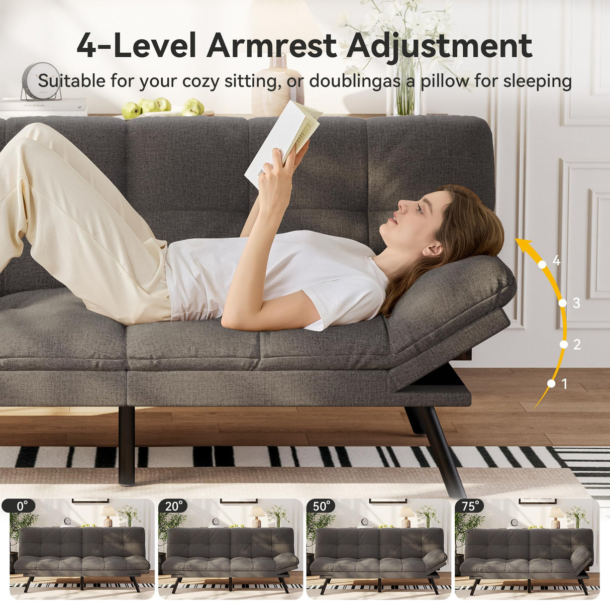 Vipbear Convertible Futon Sofa Bed,Dark Grey Linen Futon Couch with Detachable Cushion,Adjustable Backrest & Armrest,Modern Small Recliner Loveseat Sleeper Couch for Living Room,Office,Apartment Vipbear