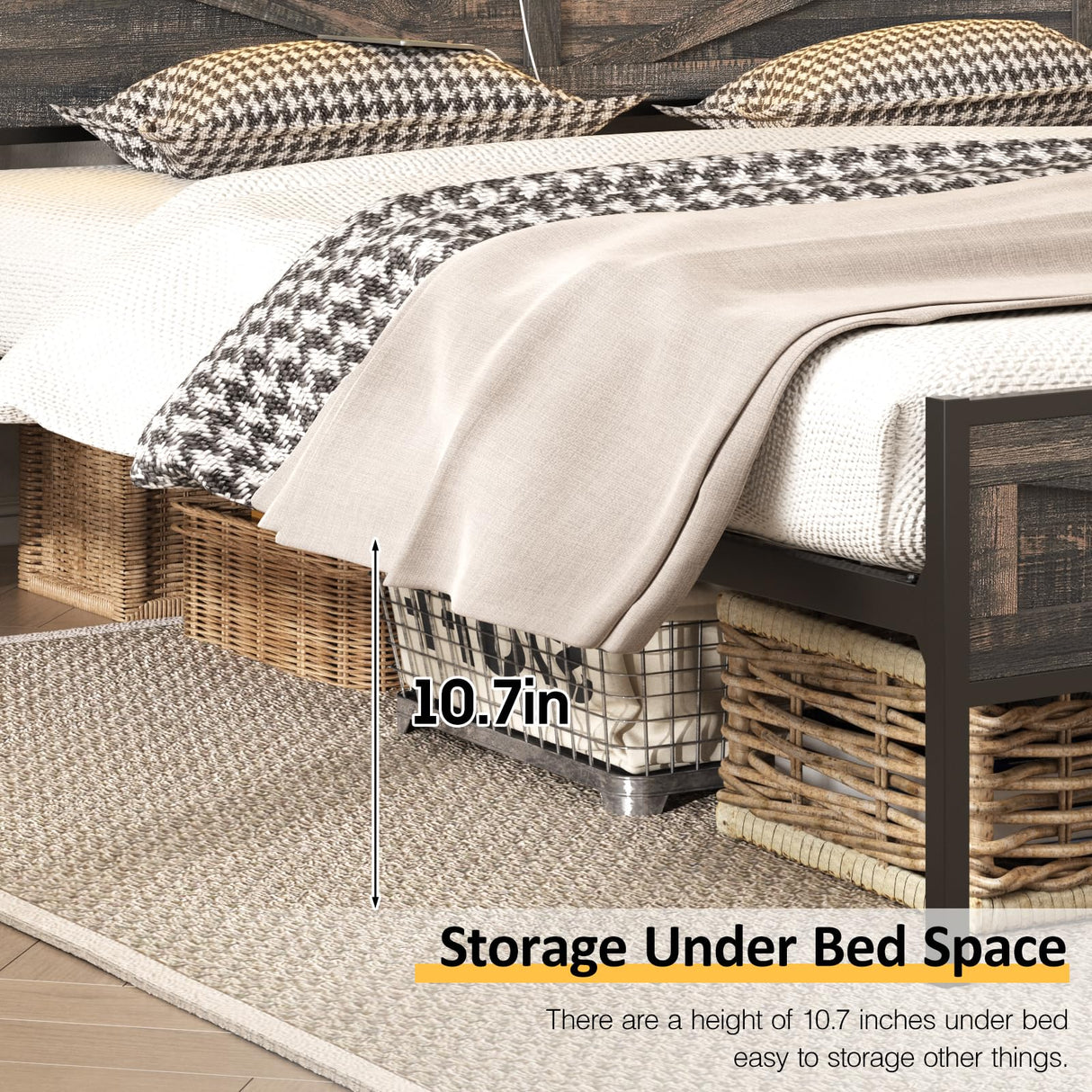 Bed Frame King Size with Charging Station, Platform Metal Bed with Headboard & Led Light, Farmhouse Storage Bed for Bedroom, No Box Spring Needed Halitaa