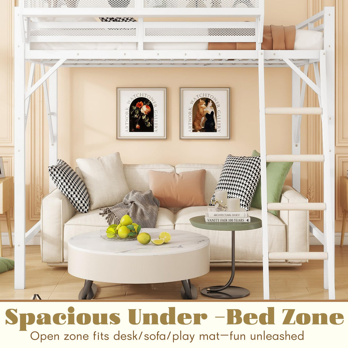 Mirightone Queen Size loft Bed with A Shelf, Metal Loft Beds with Soft Ladder Rung Cover, Heavy-Duty Tall Loft Bed Frame for Kids Boys Girls Teens Adults, Noise-Free,No Box Spring Needed, White Mirightone