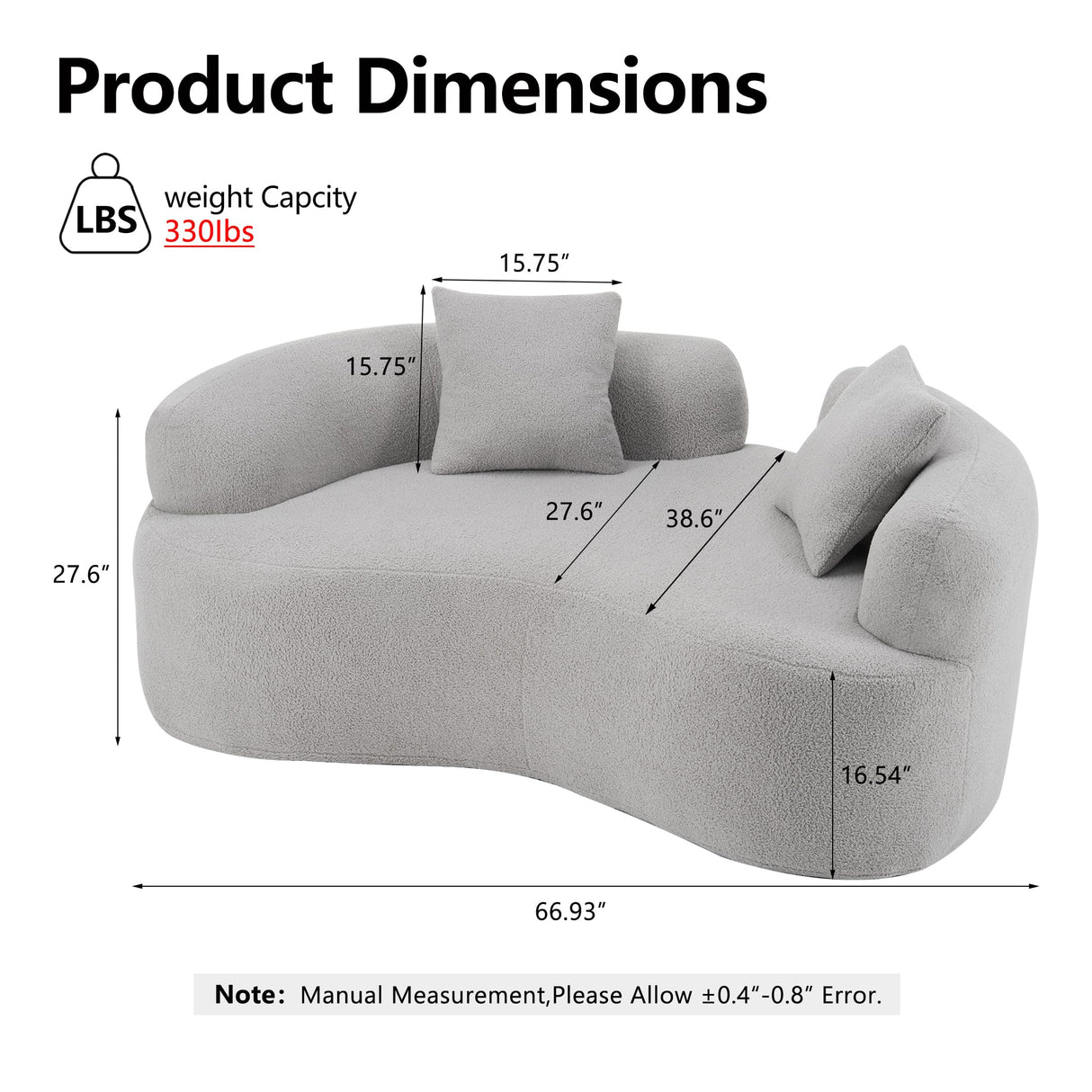 67”Curved Loveseat Sofa for Living Room, Deep Seat Love Seat Couch with 2 Throw Pillows, Modern Loveseat Adopt Teddy Fabric, Suitable Small Spaces The Cloud Loveseat, No Assembly Needed, Grey OmniLuxe