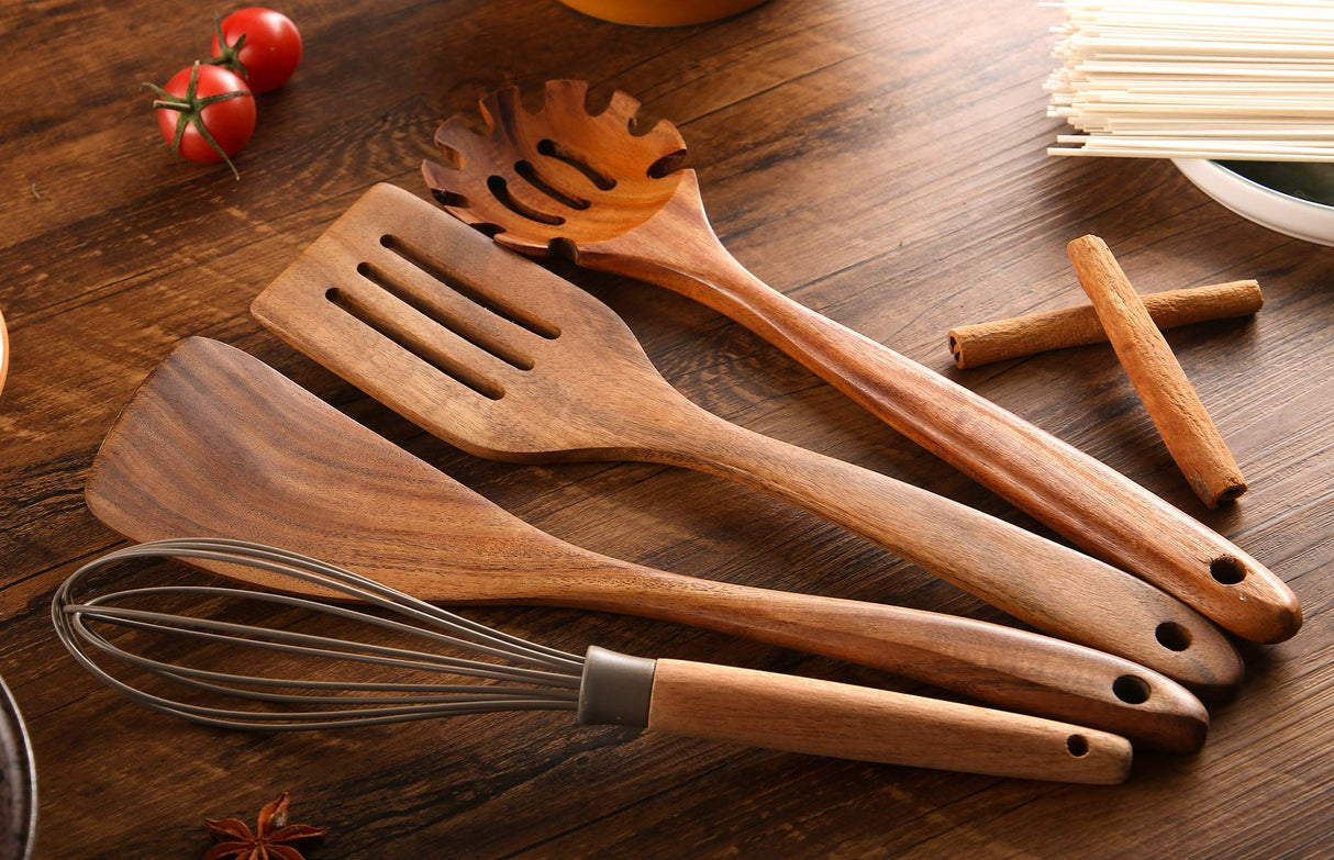 Wooden Spoons for Cooking, 10 Pcs Wooden Utensils for Cooking, NAYAHOSE Natural Teak Wood Spoons, Non-Stick Comfort Grip Kitchen Utensils Set NAYAHOSE