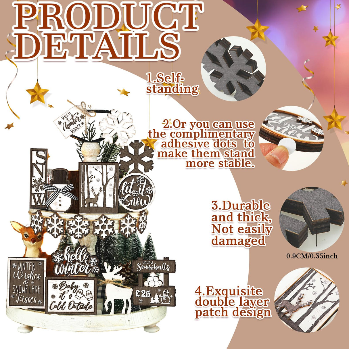 17 Pcs Chiristmas Tiered Tray Decor Winter Snowman Tiered Decorations Set Snowflake Reindeer Table Centerpieces Decor Winter Wooden Signs Table Decoration Without Tray for Farmhouse Party Funnymoom