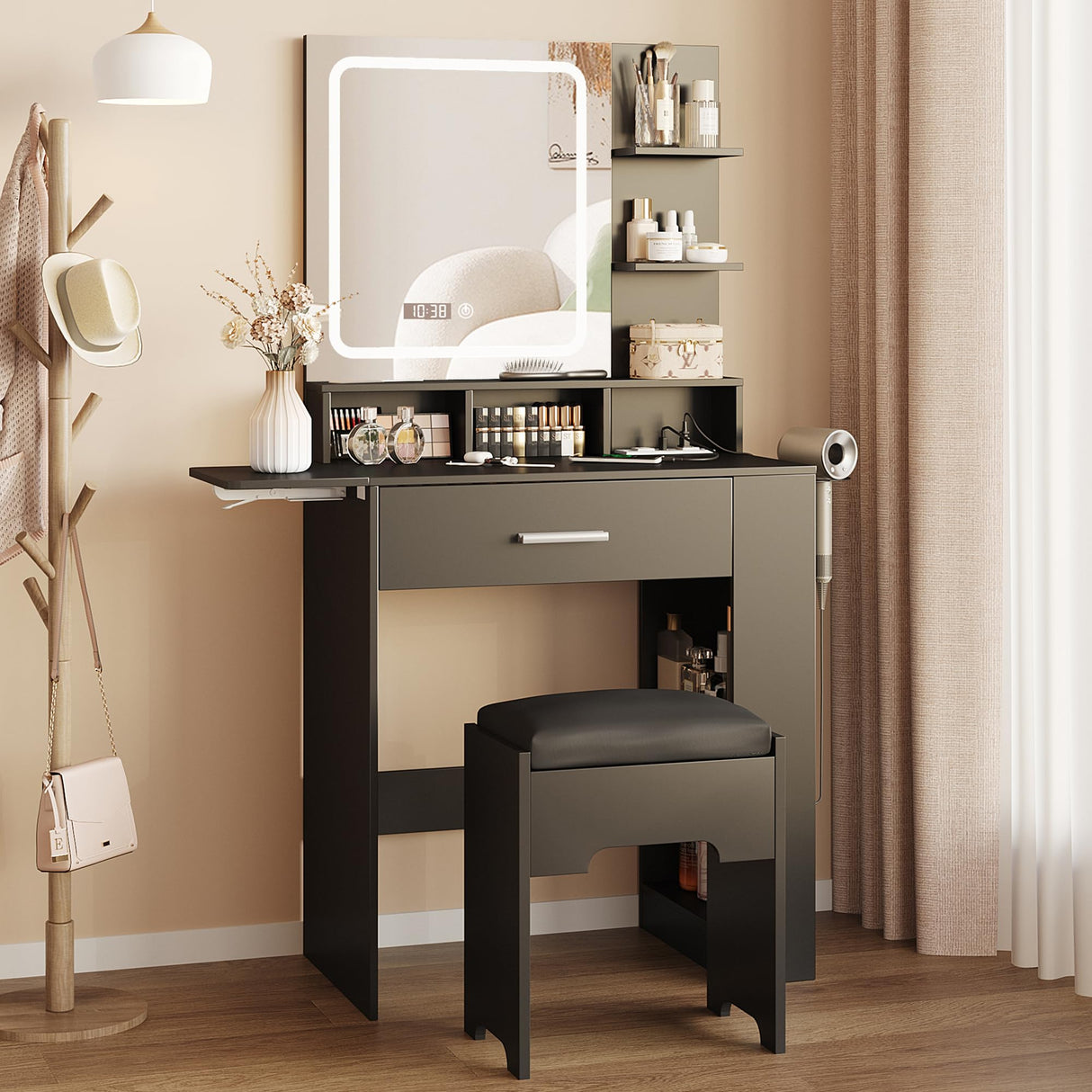 Vabches Makeup Vanity with Mirror and Lights, Small Vanity Desk with with Drawer Lots Storage, Vanity Set with Storage Drawer, Chair and Three Shelves, Black Vabches