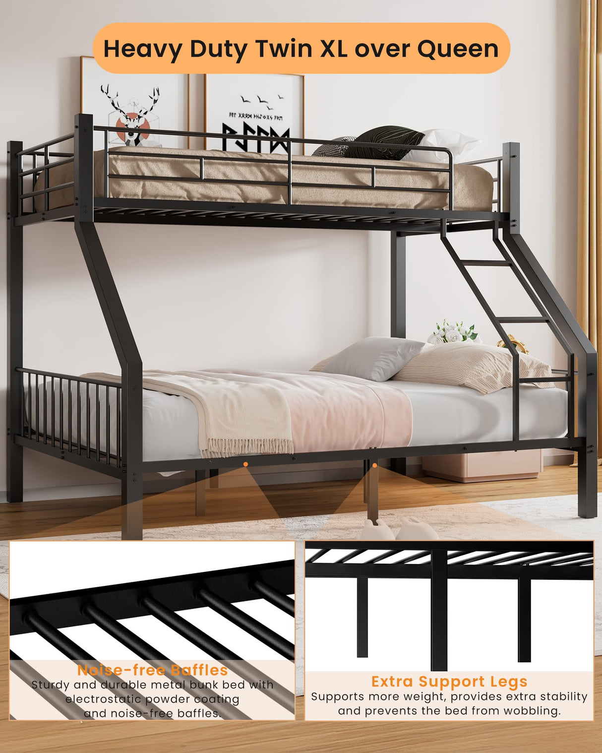 Miscoos Twin XL Over Queen Bunk Bed, Heavy Duty Bunk Bed with Safety Ladder and Full-Length Guardrails, Metal Queen Bed Frame with Slats Support for Adults, Teens, Kids, Black Miscoos