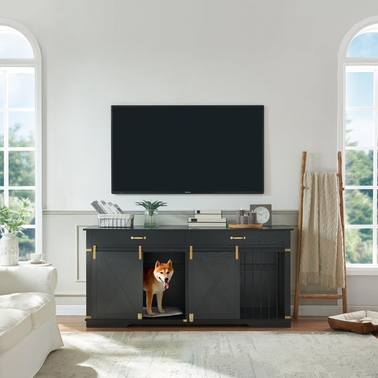 72.5" Extra Large Furniture Style Double Dog Crates for Large Breeds, XXL Wooden Dog Kennel Furniture with Drawers, Divider, Water Resistant & Barn Door for 2 Dogs, Black EDYO LIVING