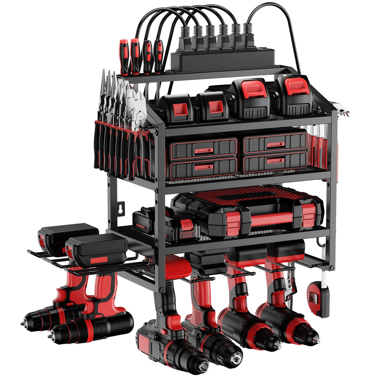 Power Tool Organizer Wall Mount with Charging Station, 4 Layer Storage Rack and Tool Holder for Garage Organization, 6 Drill Holder Wall Mount, 4 Hooks and 6 Outlet Power Strip, Great Men's Gift FULOOPHI