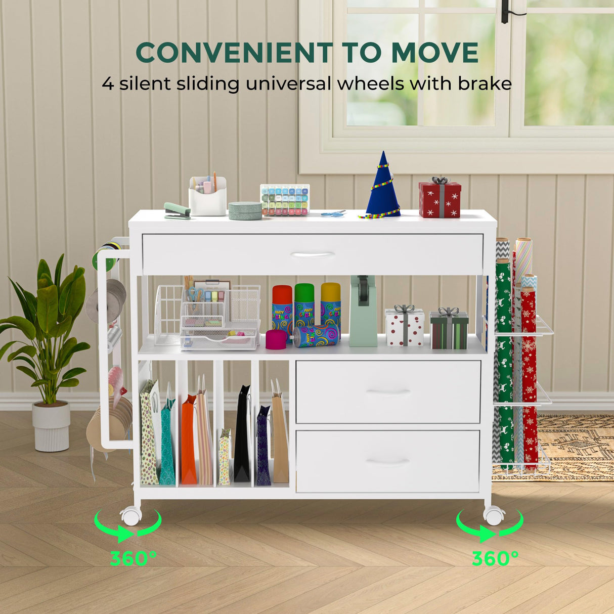 Craft Organization and Storage cart,Gift wrap Organizer Storage,Wrapping Paper cart,Wrapping Station (3 Wooden Drawers) Anrigeail