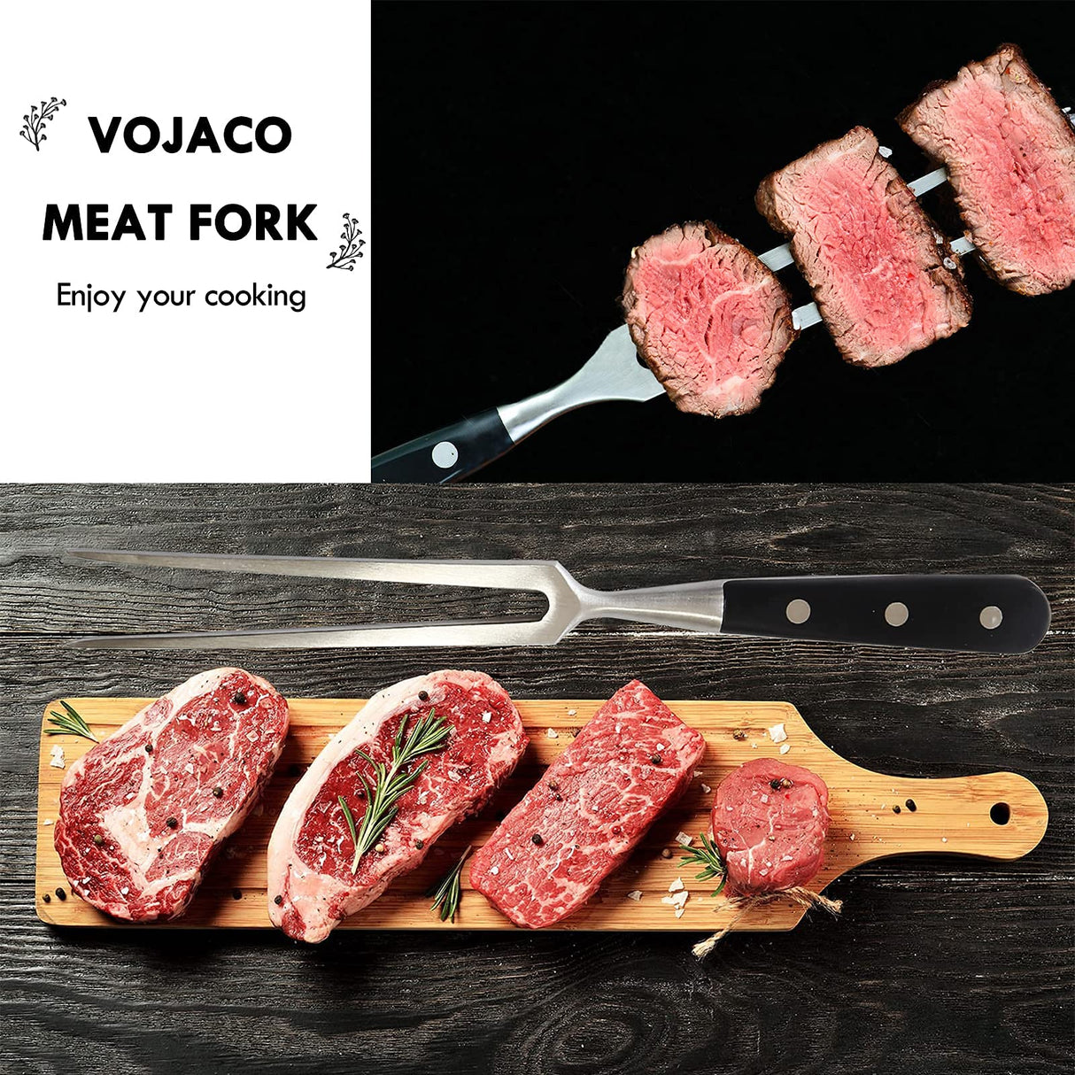 VOJACO Carving Fork, Meat Fork, 12 Inch Cooking Fork, Heavy Duty Stainless Steel BBQ Fork, Long Metal Chef Pro Kitchen Forks for Barbecue, Serving, Cooking, Grilling, Roasting VOJACO