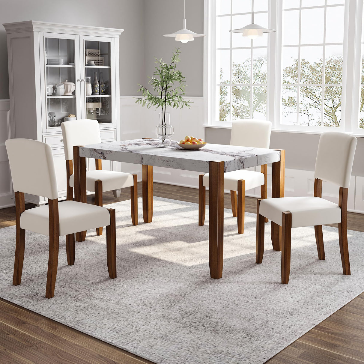 Merax Modern 5 Piece Dining Table Set for 4,Faux Marble Style Kitchen Table Set with One Rectangle Table and 4 Dining Chairs for Dining Room Table Set for Small Place Merax