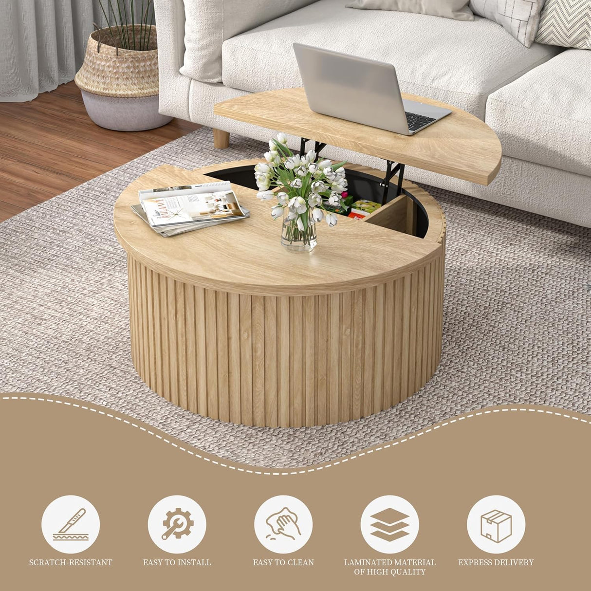 Fsbecl Lift Top Coffee Table with Storage, Round Coffee Tables for Living Room, 34.6'' Farmhouse Fluted Coffee Table, Wood Center Table with Large Hiddern Storage Compartment (Wood Color) Fsbecl