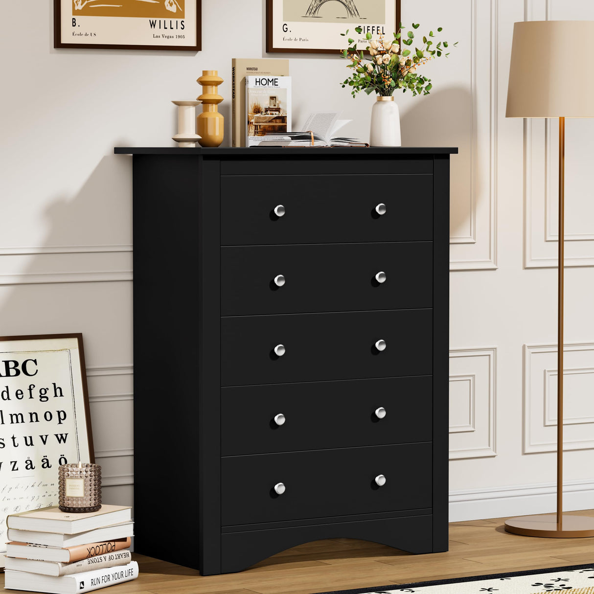 Flamaker Tall Dresser for Bedroom, 5 Drawer Dresser, Wood Dressers, Wide Chest of Drawer, Storage Drawers, Storage Organizer for Closet, Hallway (Black) Flamaker