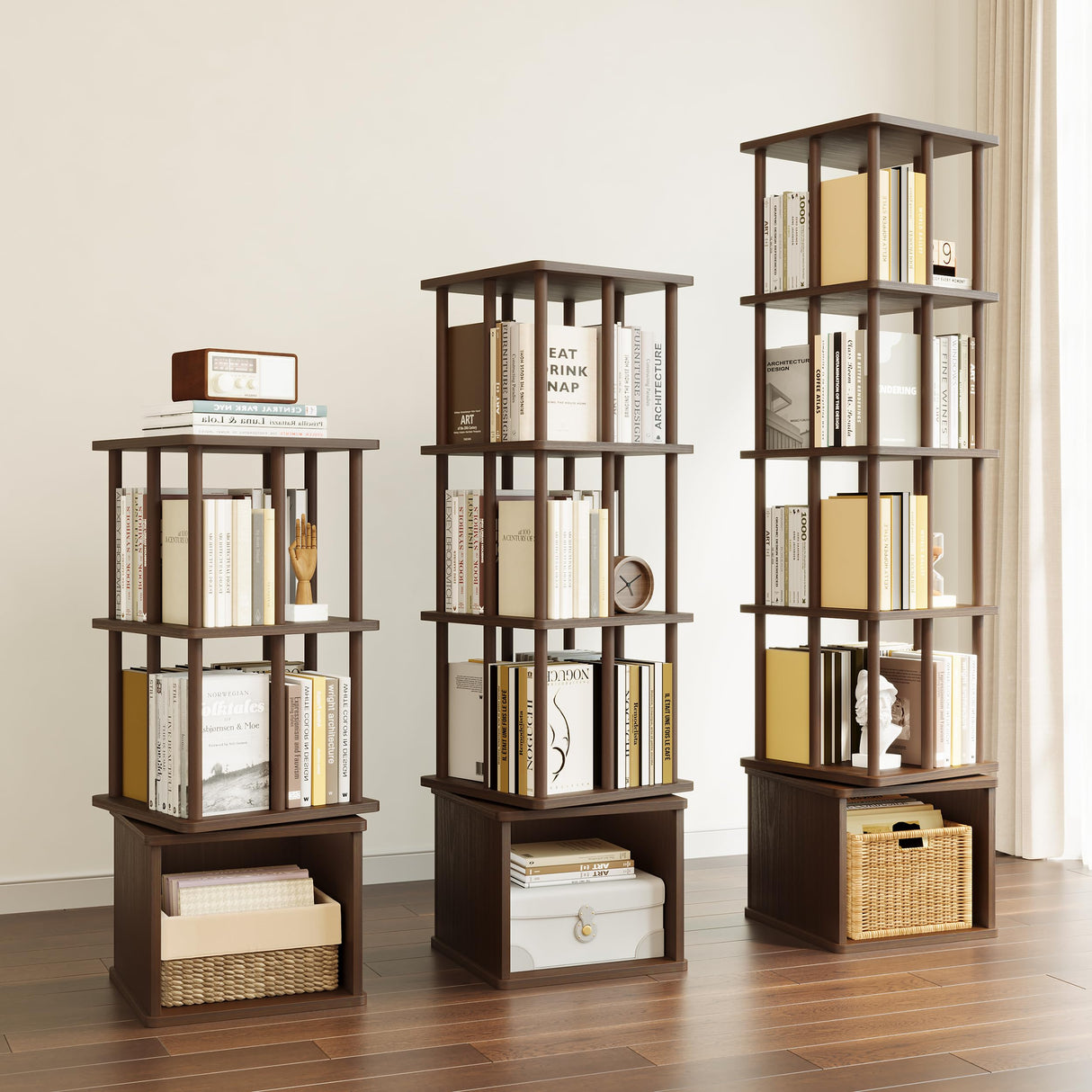 IOTXY 5-Tier Rotating Bookshelf Tower - Beech Wood Frame Spinning Bookcase with Storage Base, Tall Freestanding Revolving Shelf Organizer, Walnut IOTXY