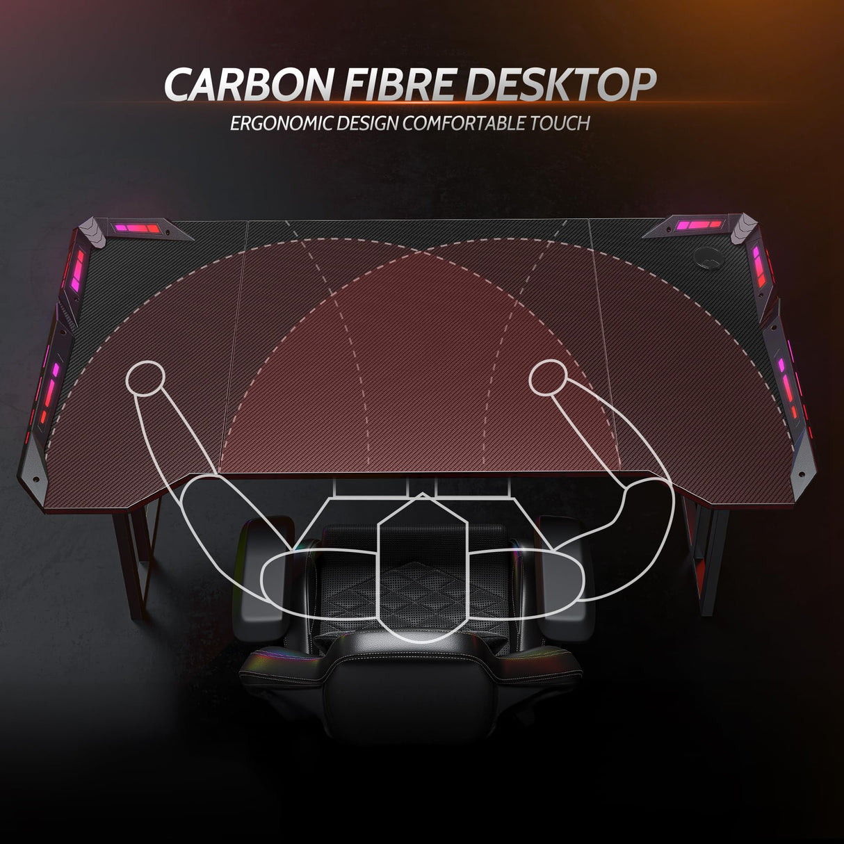 CubiCubi Gaming Desk with LED Lights, 47 Inch Z Shaped Gamer Desk, Home Game Computer Desk with Carbon Fiber Surface, Ergonomic Office PC Workstation with Cable Management, Black CubiCubi