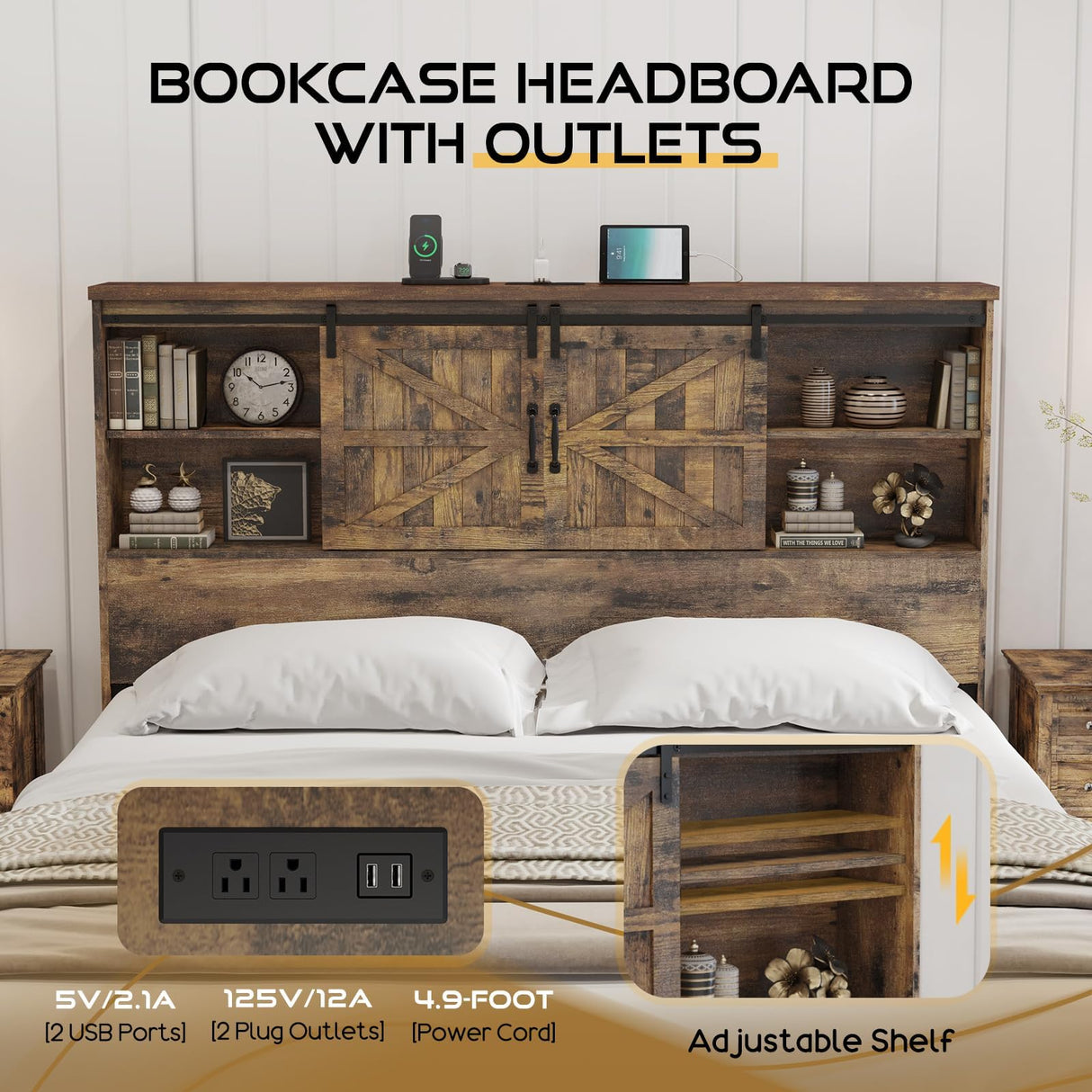 HOWE King Size Bed Frame, Wood Platform Bed Frame with 51.2" Bookcase Headboard, Storage Bed with Sliding Barn Door Charging Station 2 Drawers, No Box Spring Needed/Rustic Brown HOWE