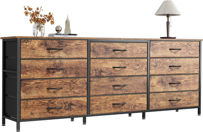 Huuger 63 Inch Long Dresser for Bedroom, TV Stand for 65, 70 Inch TV, 12 Drawer Dresser for Closet, Chest of Drawers, Large Fabric Drawers for Bedroom, Media Console, Rustic Brown