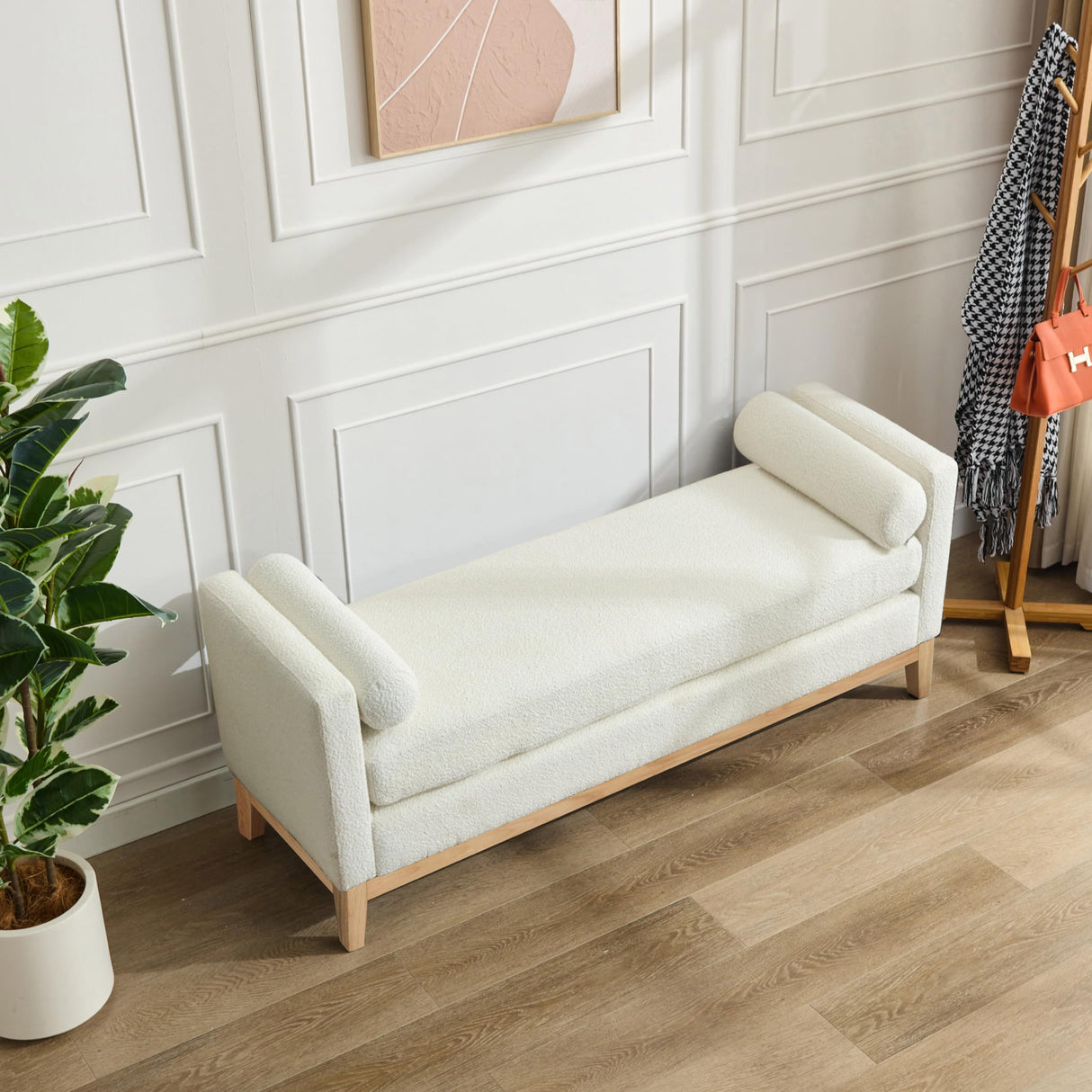 Aoiy & Wifon 66.34" W King Size Bench for End of Bed, Upholstered Bench with Pillows & Natural Wood Legs for Bedroom/Entryway/Living Room, Boucle, Ivory Aoiy & Wifon