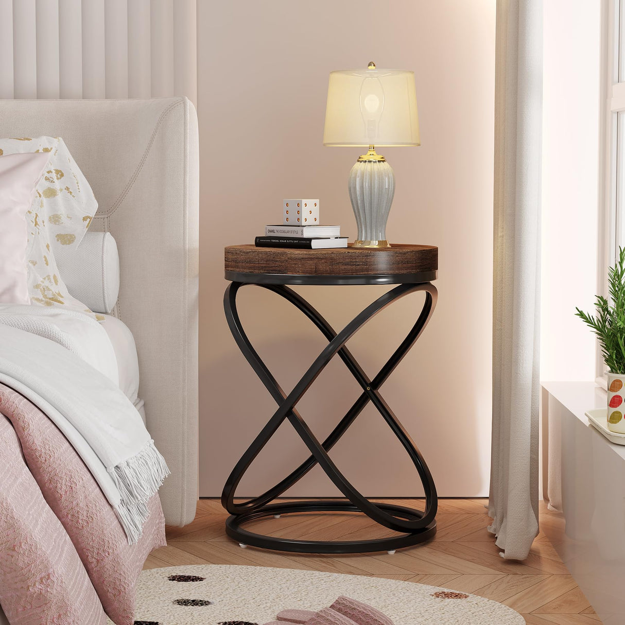 Tribesigns Round End Table, 26 Inches Nightstands Sofa Side Table with Double X-Shaped Ring Unique Design for Livingroom Bedroom (1, Brown) Tribesigns