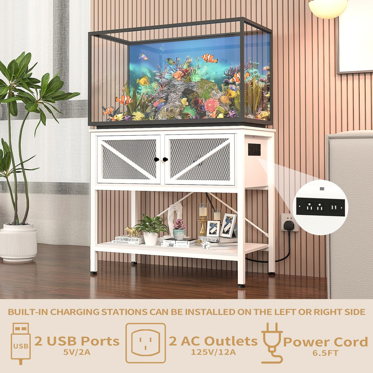 Avolander 40-50 Gallon Fish Tank Stand, Aquarium Stand with Power Outlets & LED Light, Cabinet for Fish Tank Accessories Storage, Heavy Duty Metal Frame, 760LBS Capacity, White Avolander