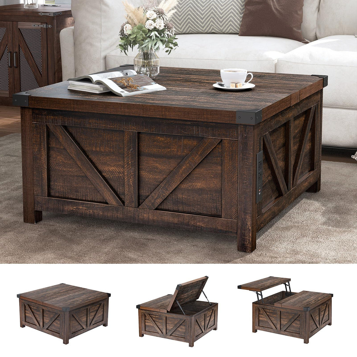 jimeimen Farmhouse Lift Top Coffee Table with Storage, Wood Square Center Table with Charging Station&USB Ports, Living Room Central Table w/Large Hidden Space, for Living Room, Bedroom, Home Office jimeimen