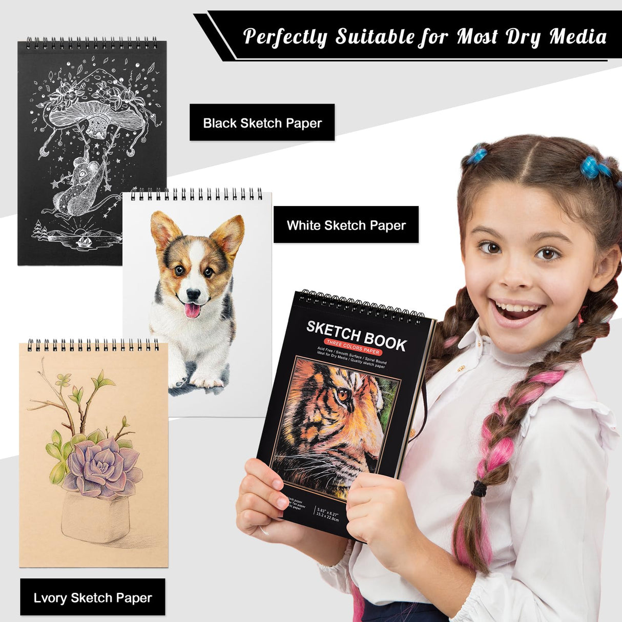 Drawing Sketchbook Kit, A5 Sketch Book with 36 Color Pencils, Three Color Black Sketch Pad, Acid-Free Sketch Pad for Kids, Artist, Art Paper Drawing Supplies for Gifts (5.8×8.3 inch) Prudiut