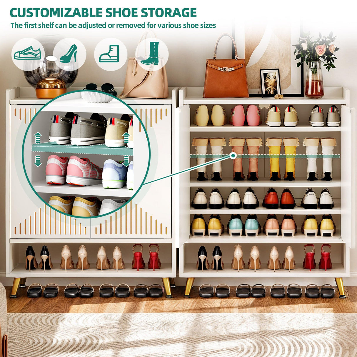 YITAHOME Shoe Cabinets,5-Tier White Shoe Storage Cabinet with Doors Modern Freestanding Wood Shoe Organizer Cabinet for Living Room Bedroom Hallway, Entryway, White&Gold YITAHOME