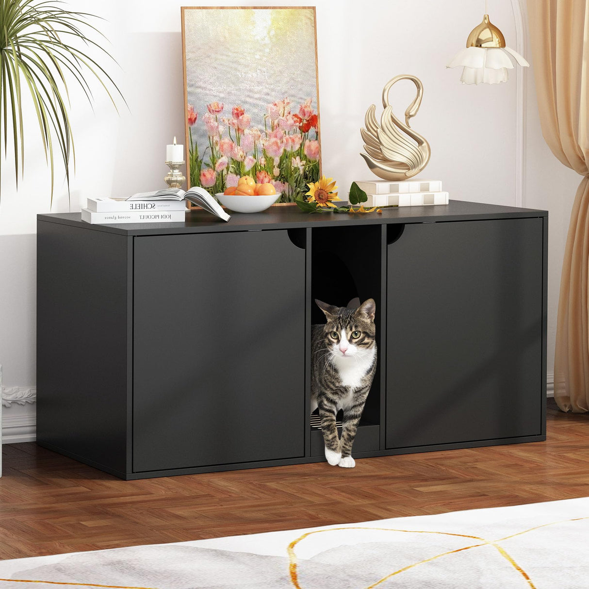 DAWNSPACES Large Cat Litter Box Enclosure for 2 Cats, Modern Wood Stackable Large Cat Washroom Storage Cabinet Bench End Table Furniture,with Removable Litter Box, Black DAWNSPACES