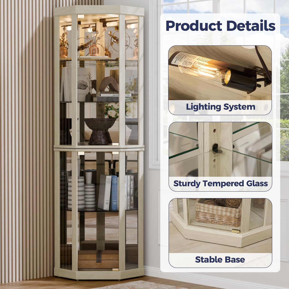 Trygoal Lighted 3-Side Glass Display Curio Cabinet, Corner China Cabinet with Tempered Glass Doors, Wooden Display Case with Light Bulb for Living Room, Antique White Trygoal