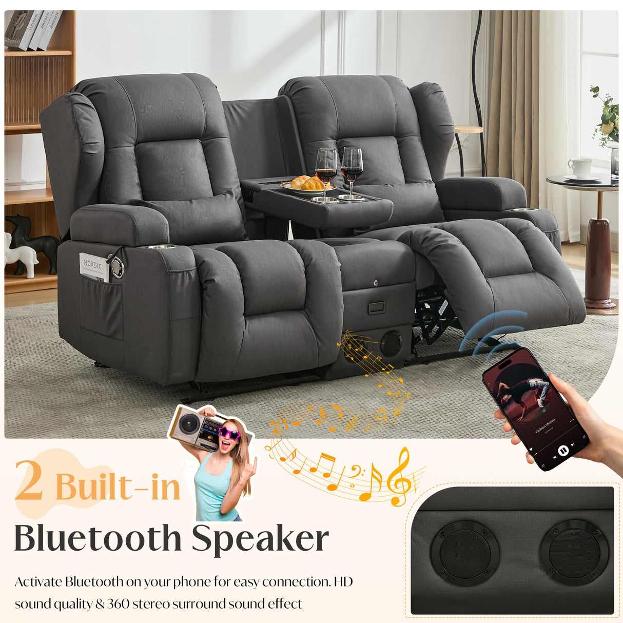 DRMBOOK Loveseat Rocker Recliner Sofa, Leathaire Fabric Dual Reclining Couch with Console, Manual Reclinable Double Seat 2 Person Recliner, RV Movie Seating for Travel Trailers Living Room (Drak Grey) DRMBOOK