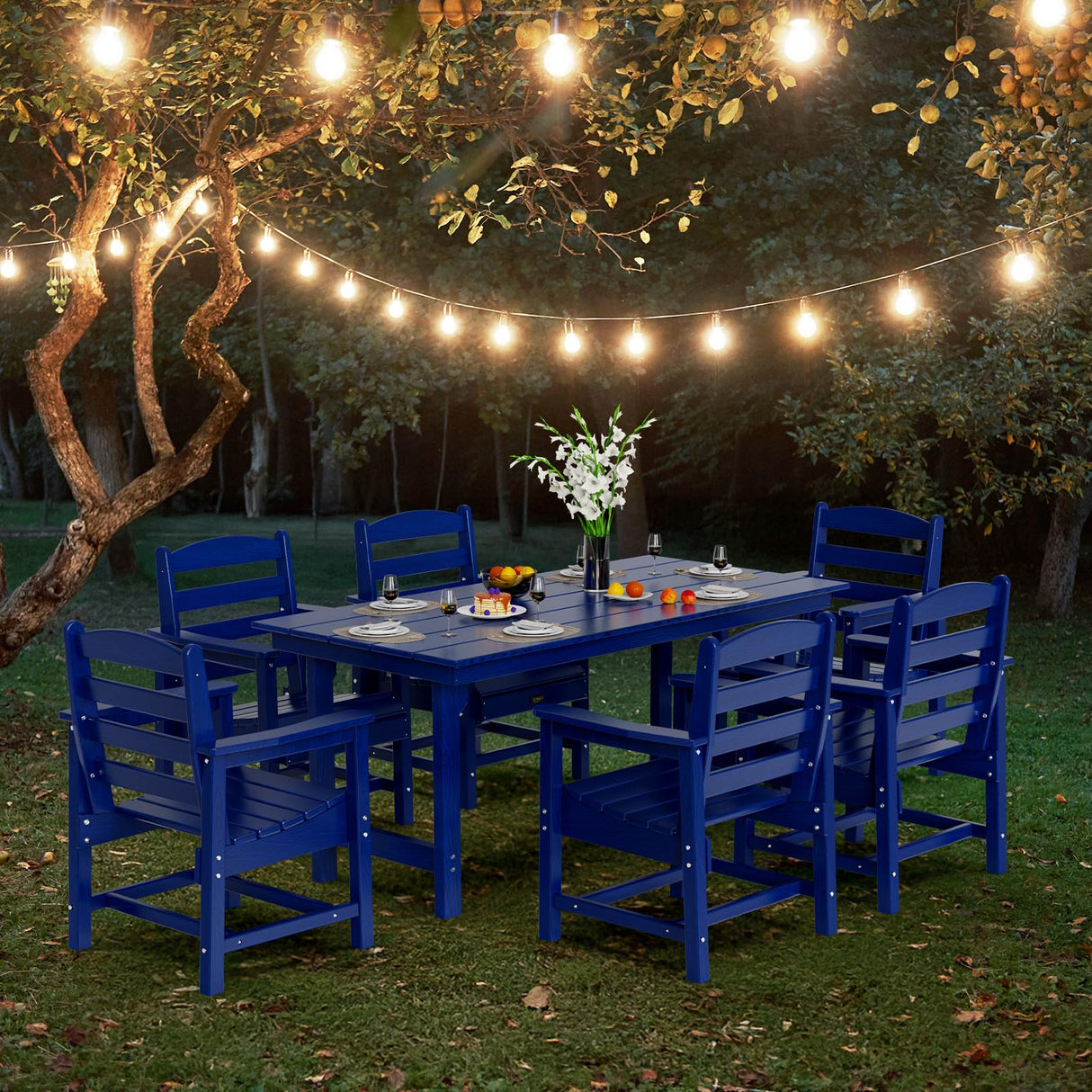 VINGLI 7-Piece Outdoor Patio Dining Set, HDPE All-Weather Rectangular Table with Umbrella Hole & 6 Patio Dining Chairs, Durable Patio Furniture for Backyard, Garden, Pool (Navy Blue, 7 Piece) VINGLI