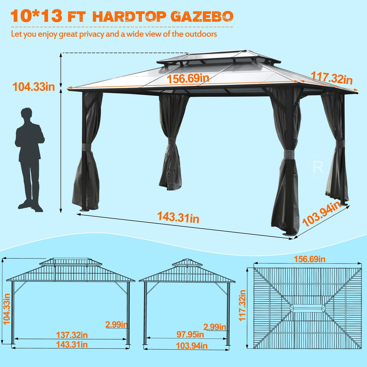 MUPATER Outdoor 10x13 FT Polycarbonate Hardtop Gazebo with Aluminum Frame, Double Roof Canopy Permanent Outdoor Pavilion with Netting & Curtains for Patios, Deck, Lawns, Gardens and Pools MUPATER