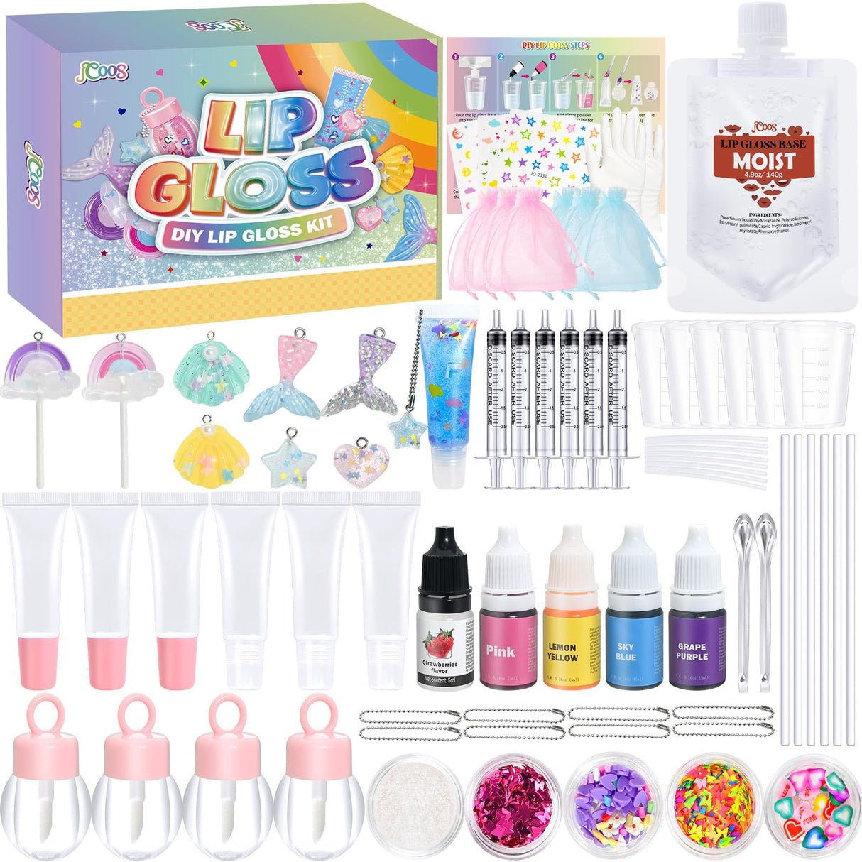 Jcoos Lip Gloss Making Kit - 73PCS Keychain DIY Lip Gloss, Shimmery Moisturizing Lip Glaze Handmade Set, Fun Craft Kit for Beginner, Women, Kids, Tween, Preteen, Teens Girl Gifts Trendy Stuff Jcoos