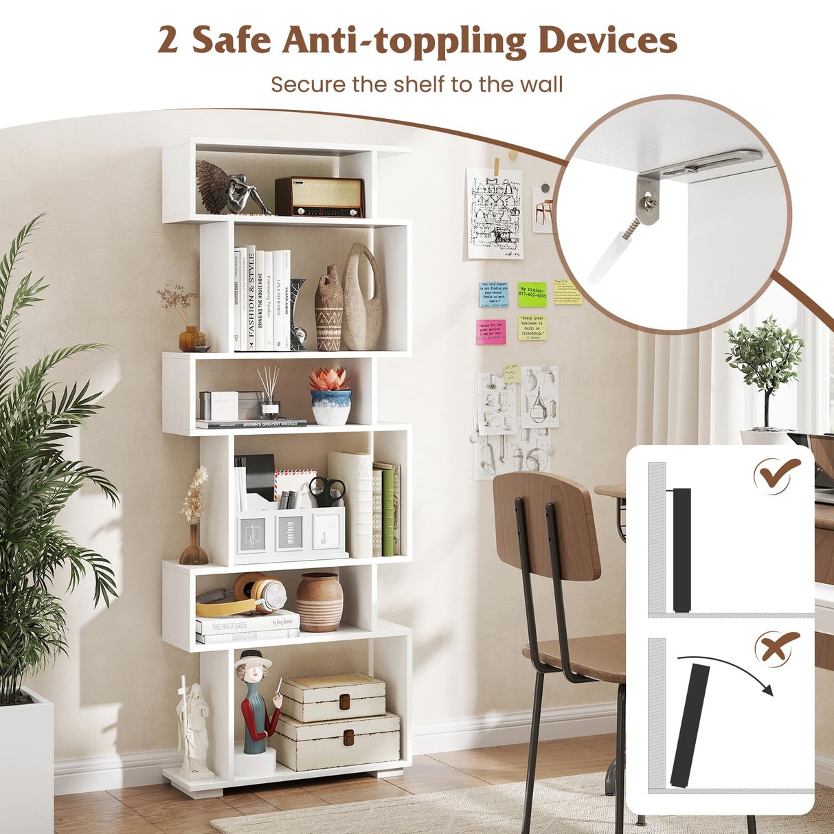 Tangkula 6-Tier S-Shaped Bookshelf, 64" Freestanding Geometric Bookcase, Home Office Wood Storage Shelf with Anti-Toppling Device, Room Divider Display Rack for Study, Living Room (1, White) Tangkula